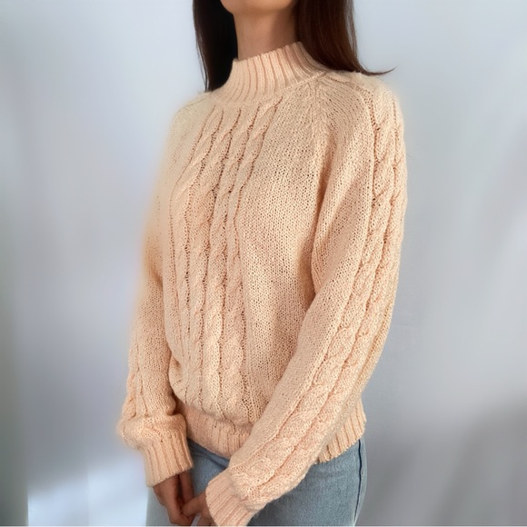 Vintage 80s peach pink knit turtleneck mock neck sweater long sleeve Mervyns TJW - Picture 2 of 6
